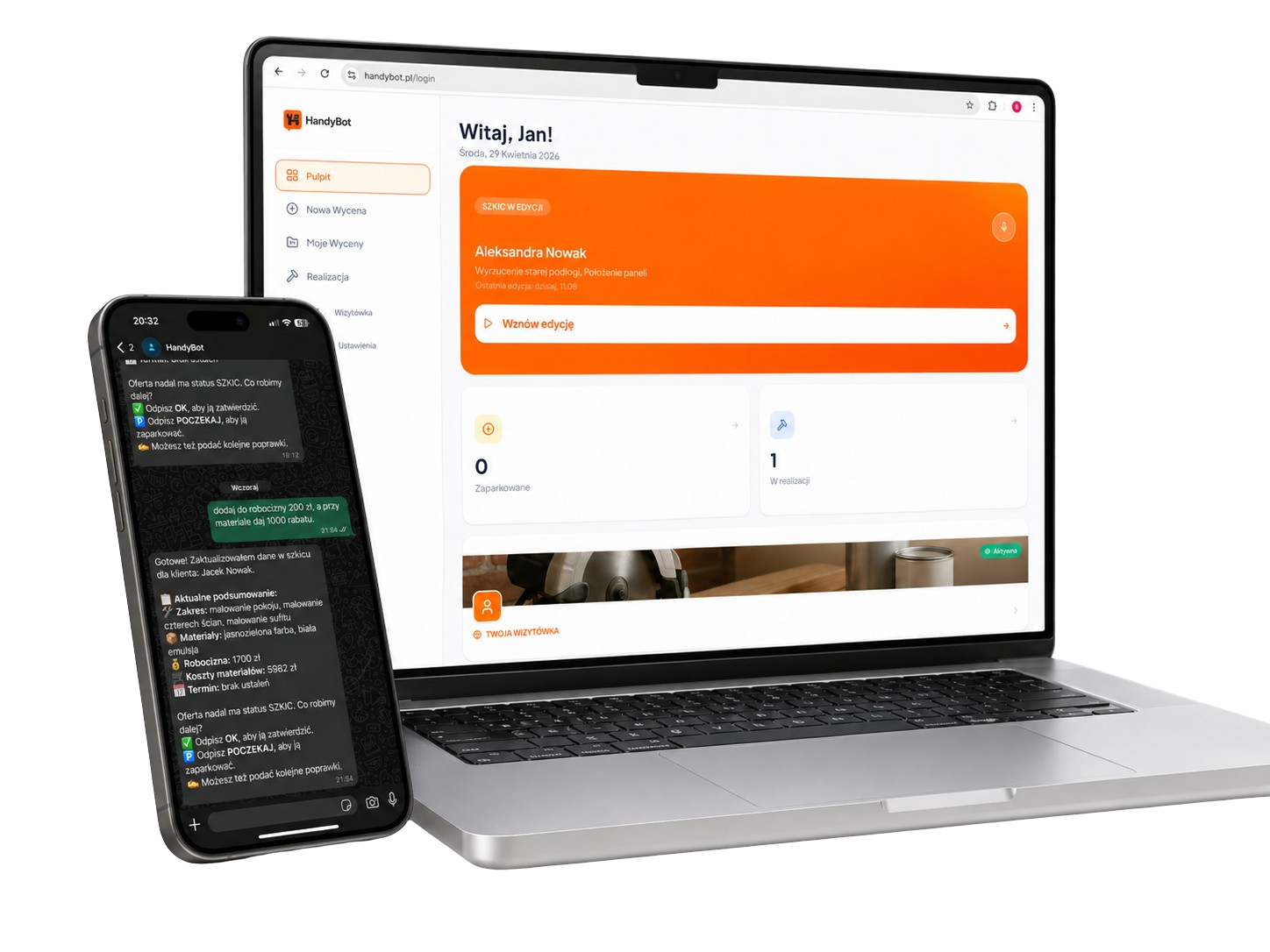 HandyBot - Laptop z panelem WWW i smartfon z WhatsApp pokazujący rozmowę z Jankiem