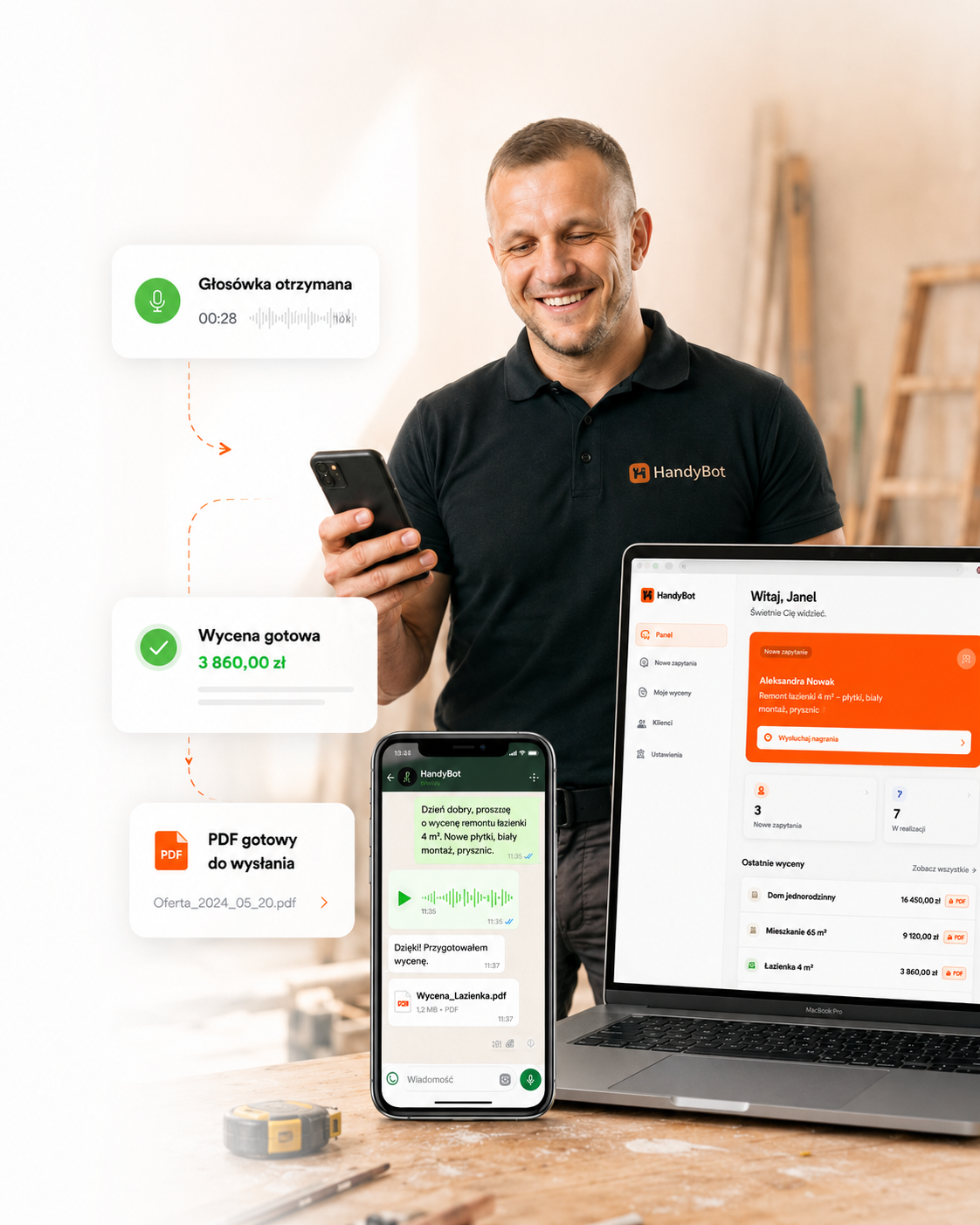 HandyBot - fachowiec z telefonem (WhatsApp) i laptopem z panelem WWW oraz gotową wyceną